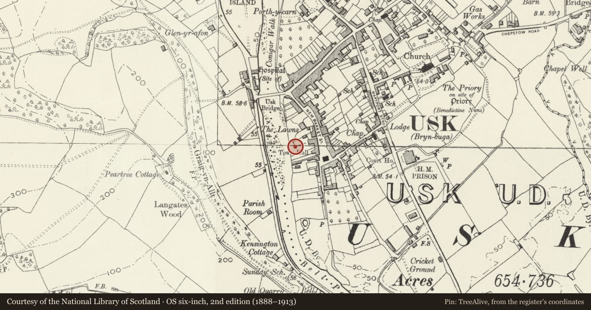 Ordnance Survey six-inch map, 2nd edition (1888–1913) covering the location of Gazebo at Ynys Hafod, Usk, Monmouthshire, with a pin at the register's coordinates