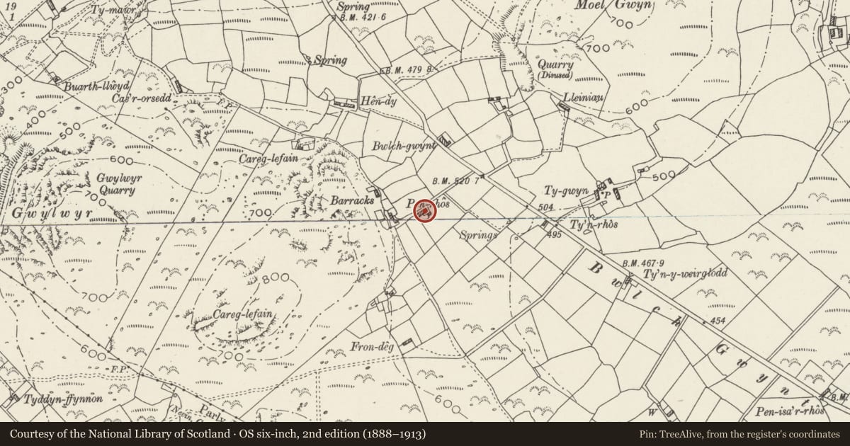 Ordnance Survey six-inch map, 2nd edition (1888–1913) covering the location of Penrhos, Pistyll, Gwynedd, with a pin at the register's coordinates