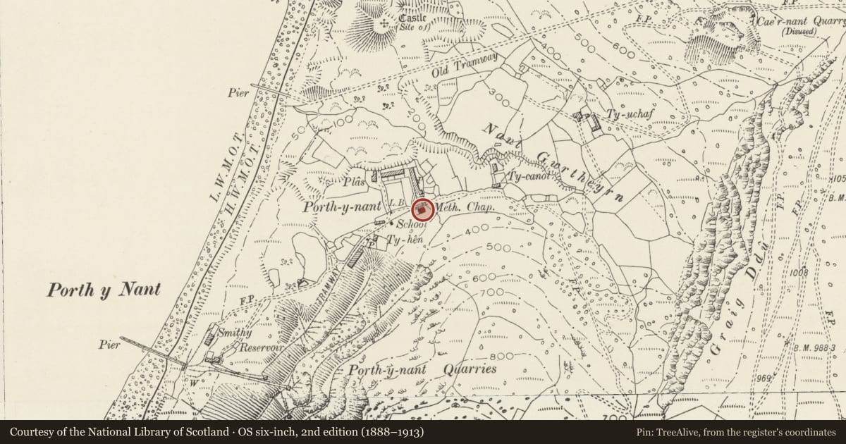 Ordnance Survey six-inch map, 2nd edition (1888–1913) covering the location of Capel Seilo, with forecourt walls, Pistyll, Gwynedd, with a pin at the register's coordinates