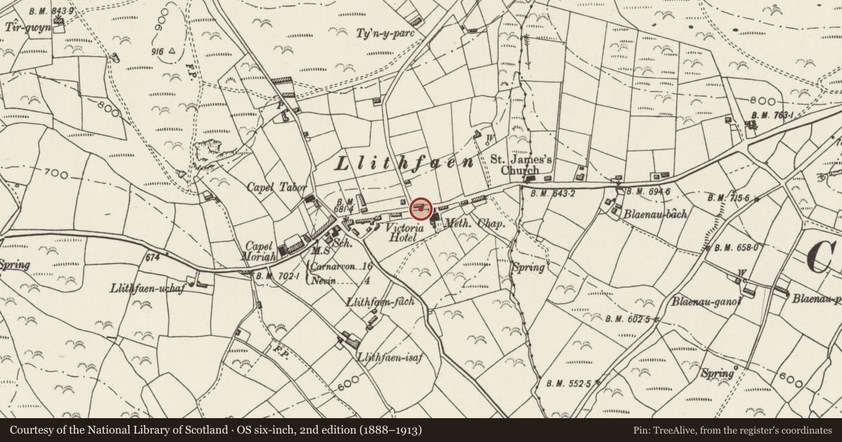 Ordnance Survey six-inch map, 2nd edition (1888–1913) covering the location of Capel Methodistiaid Calfinaidd, Pistyll, Gwynedd, with a pin at the register's coordinates