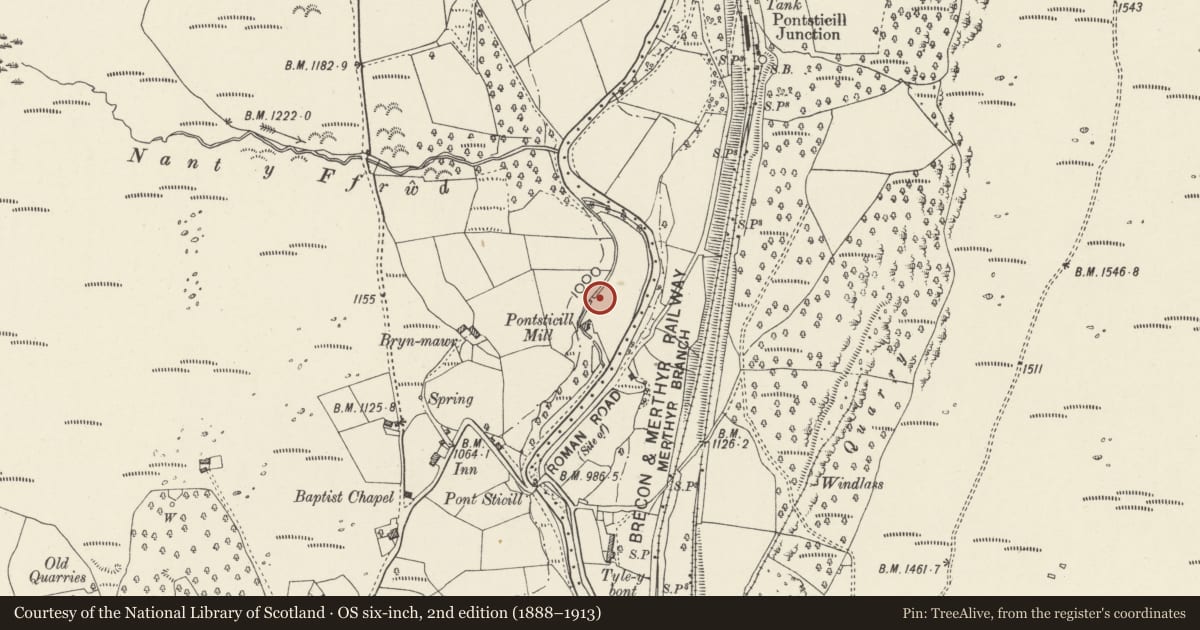 Ordnance Survey six-inch map, 2nd edition (1888–1913) covering the location of Compensation Basin at Pontsticill Water Treatment Works, Vaynor, Merthyr Tydfil, with a pin at the register's coordinates