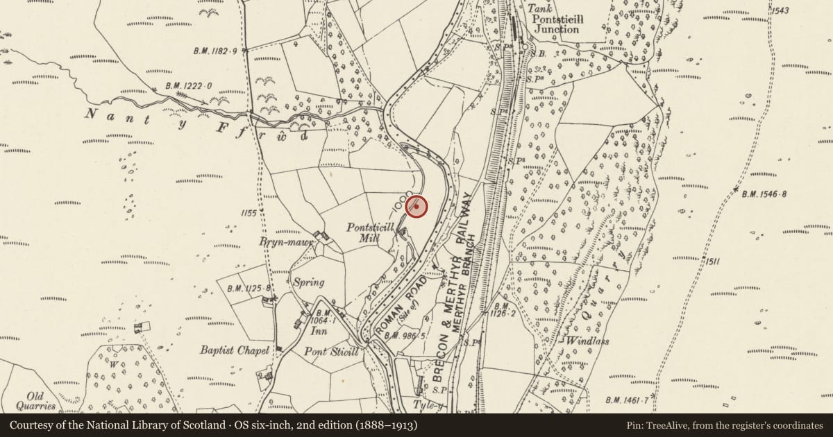 Ordnance Survey six-inch map, 2nd edition (1888–1913) covering the location of Turbine House at Pontsticill Water Treatment Works, Vaynor, Merthyr Tydfil, with a pin at the register's coordinates