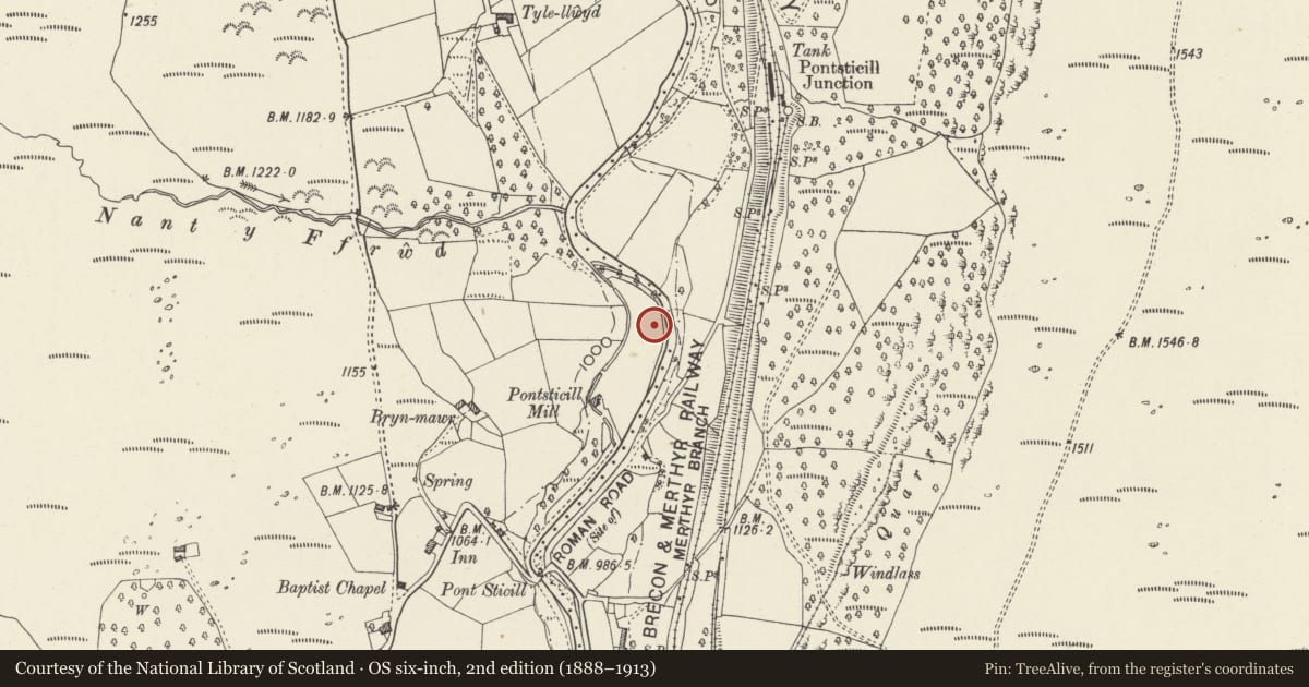Ordnance Survey six-inch map, 2nd edition (1888–1913) covering the location of Filter House at Pontsticill Water Treatment Works, Vaynor, Merthyr Tydfil, with a pin at the register's coordinates