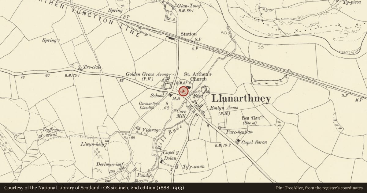 Ordnance Survey six-inch map, 2nd edition (1888–1913) covering the location of Lychgate of St David's Church, Llanarthney, Carmarthenshire, with a pin at the register's coordinates
