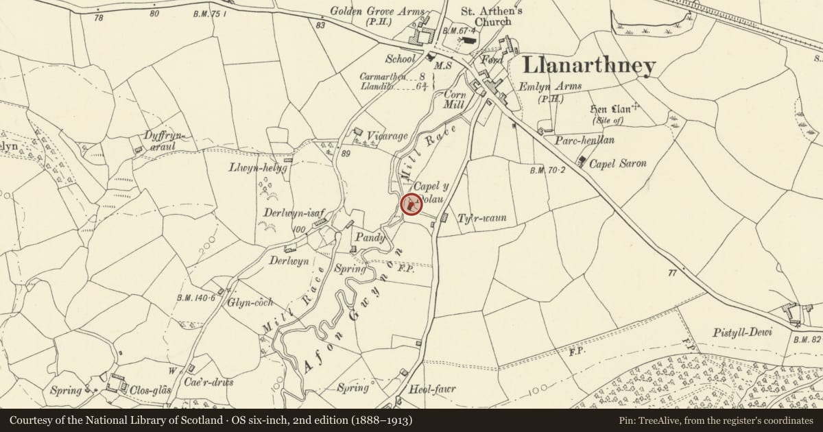 Ordnance Survey six-inch map, 2nd edition (1888–1913) covering the location of Capel-y-dolau C. M. Chapel (also known as Capel-y-ddôl)., Llanarthney, Carmarthenshire, with a pin at the register's coordinates