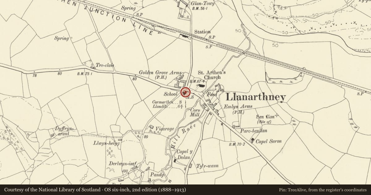 Ordnance Survey six-inch map, 2nd edition (1888–1913) covering the location of Former Llanarthney National School, Carmarthenshire, with a pin at the register's coordinates