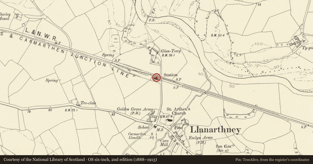 Ordnance Survey six-inch map, 2nd edition (1888–1913) covering the location of Former Llanarthney Railway Station with single Platform, Carmarthenshire, with a pin at the register's coordinates