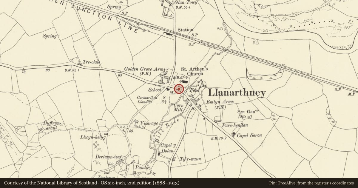 Ordnance Survey six-inch map, 2nd edition (1888–1913) covering the location of Milestone opposite to Llanarthney Church, Carmarthenshire, with a pin at the register's coordinates