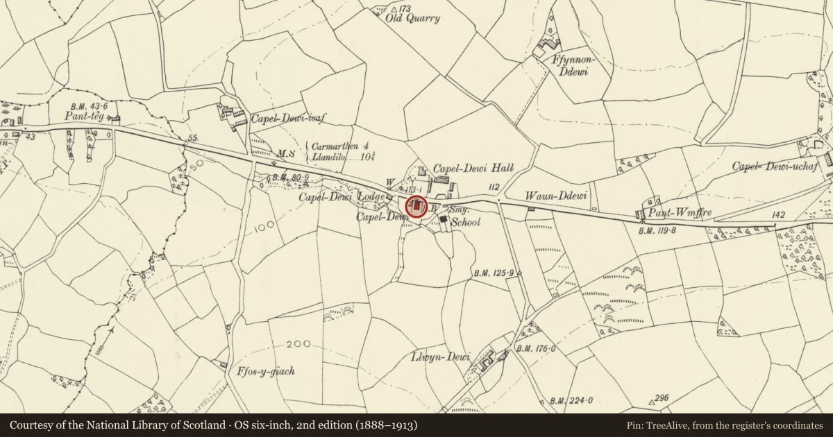 Ordnance Survey six-inch map, 2nd edition (1888–1913) covering the location of Capel Dewi C. M. Chapel, Llanarthney, Carmarthenshire, with a pin at the register's coordinates