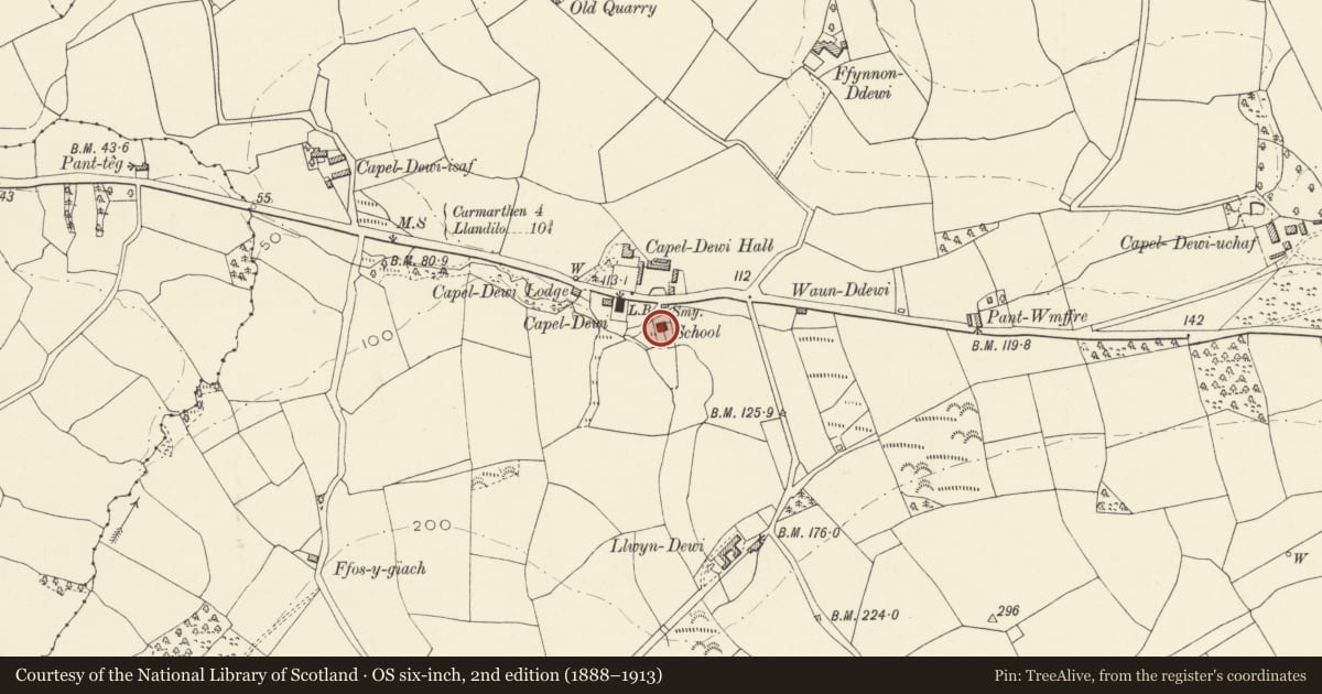 Ordnance Survey six-inch map, 2nd edition (1888–1913) covering the location of Former Capel Dewi School, Llanarthney, Carmarthenshire, with a pin at the register's coordinates