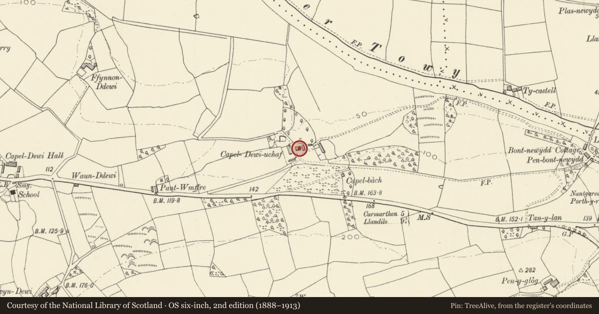 Ordnance Survey six-inch map, 2nd edition (1888–1913) covering the location of Capel Dewi Uchaf Farmhouse, Llanarthney, Carmarthenshire, with a pin at the register's coordinates