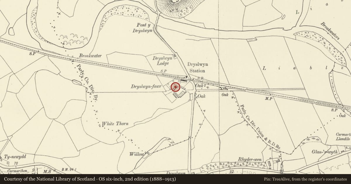 Ordnance Survey six-inch map, 2nd edition (1888–1913) covering the location of Dryslwyn-fawr Farmhouse, Llanarthney, Carmarthenshire, with a pin at the register's coordinates
