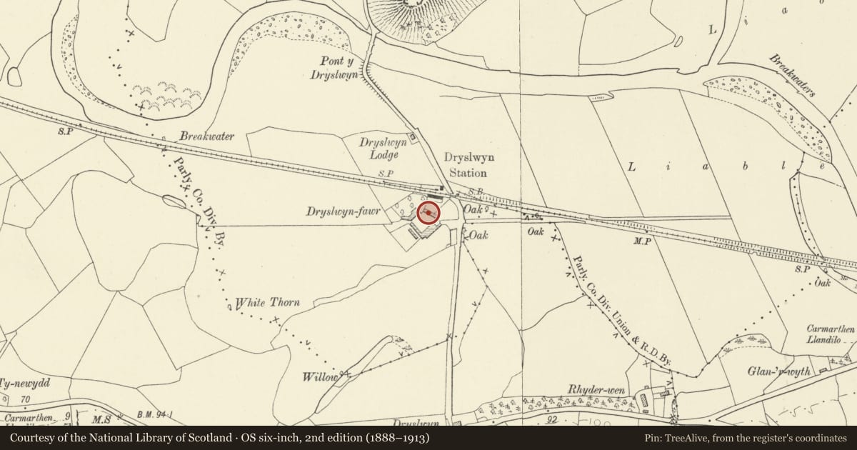 Ordnance Survey six-inch map, 2nd edition (1888–1913) covering the location of Dryslwyn-fawr Barn Range, Llanarthney, Carmarthenshire, with a pin at the register's coordinates