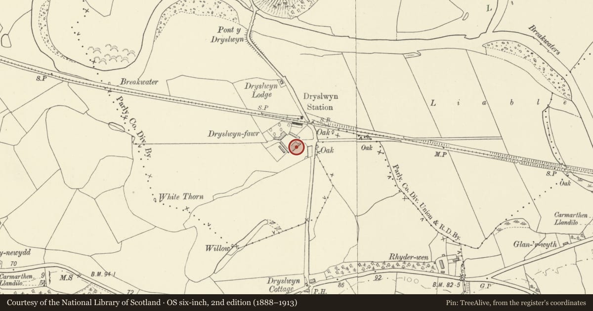Ordnance Survey six-inch map, 2nd edition (1888–1913) covering the location of Dryslwyn-fawr Former Stables Range, Llanarthney, Carmarthenshire, with a pin at the register's coordinates