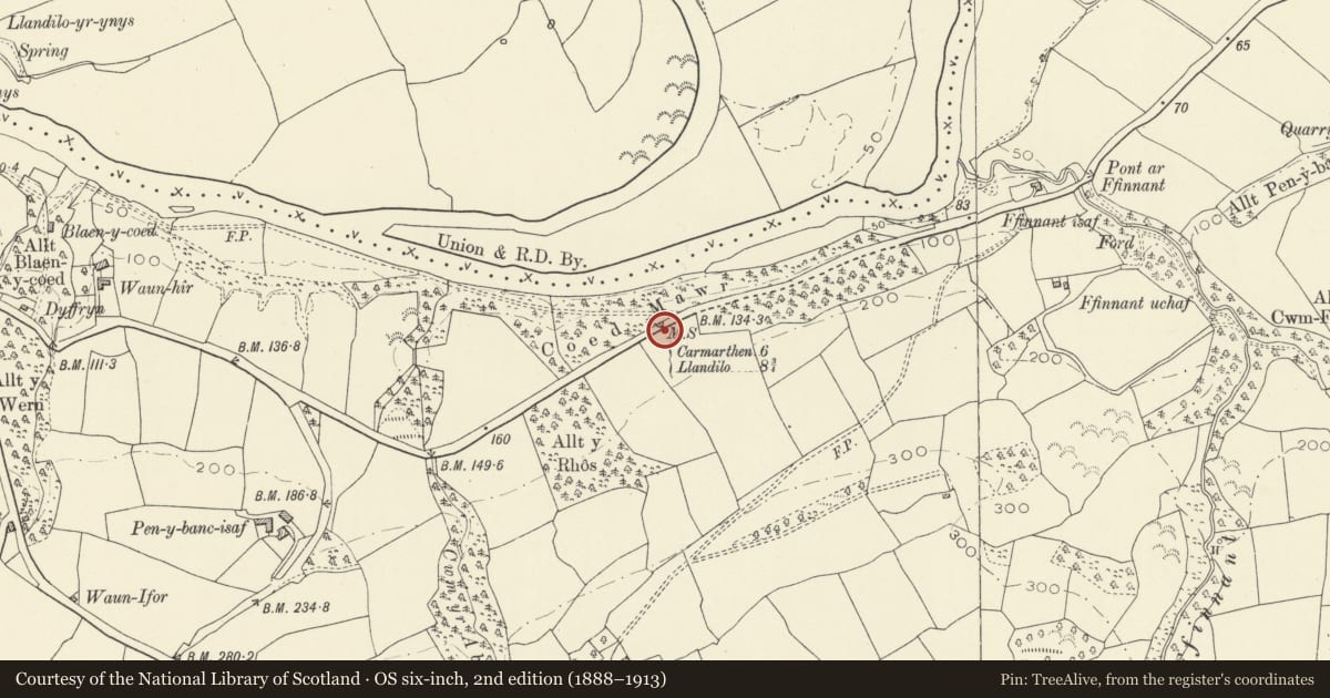 Ordnance Survey six-inch map, 2nd edition (1888–1913) covering the location of Milestone near Ffinnant, Llanarthney, Carmarthenshire, with a pin at the register's coordinates