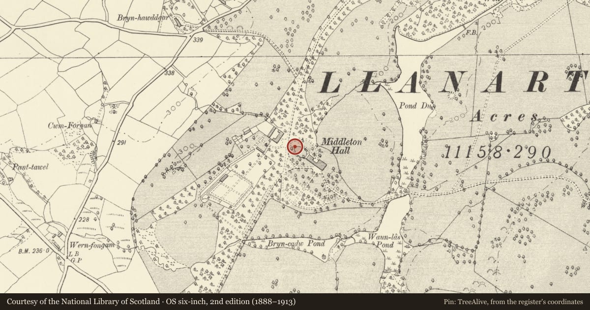 Ordnance Survey six-inch map, 2nd edition (1888–1913) covering the location of Service Yard and Gateway of Middleton Hall, Llanarthney, Carmarthenshire, with a pin at the register's coordinates