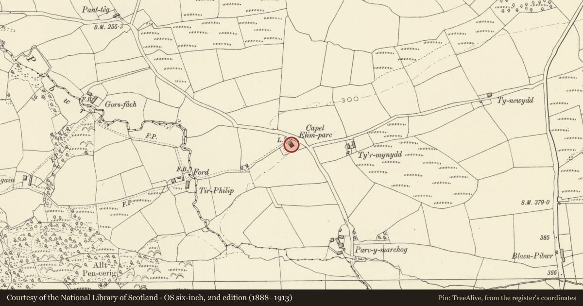 Ordnance Survey six-inch map, 2nd edition (1888–1913) covering the location of Capel Elim Parc (Baptist Chapel) with Baptismal Pool, Llanarthney, Carmarthenshire, with a pin at the register's coordinates