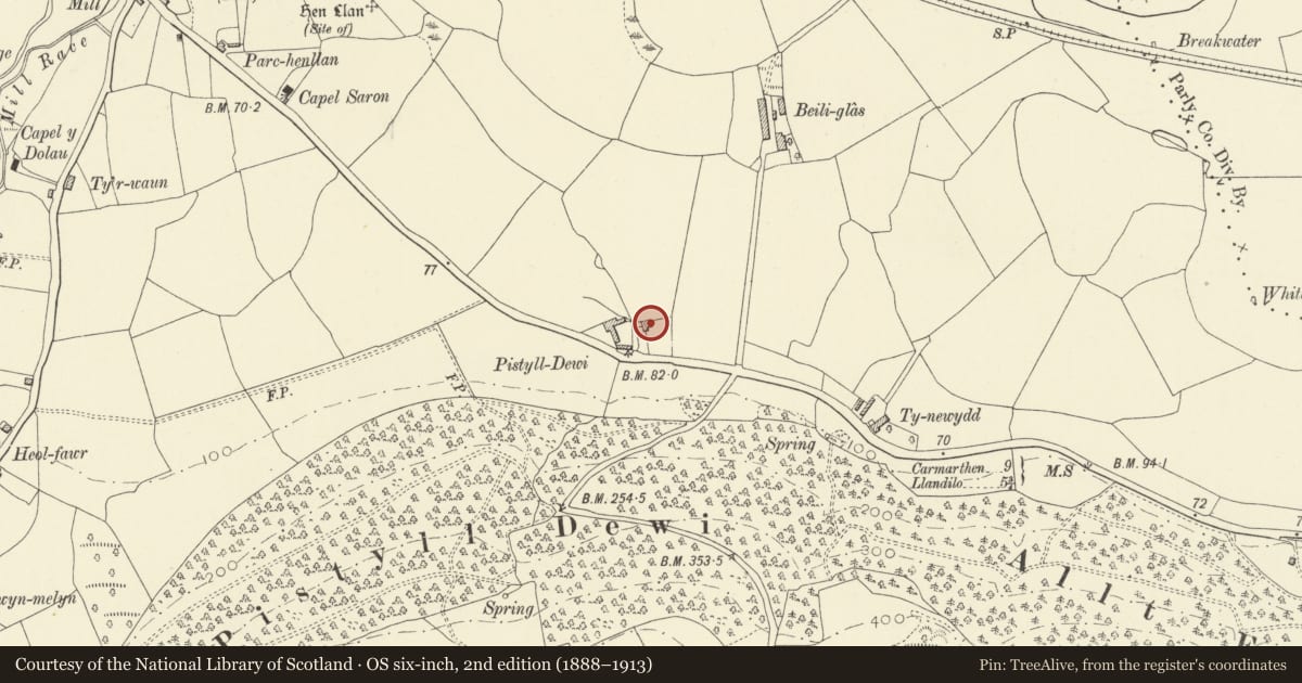 Ordnance Survey six-inch map, 2nd edition (1888–1913) covering the location of Pistyll Dewi Farmhouse, Llanarthney, Carmarthenshire, with a pin at the register's coordinates