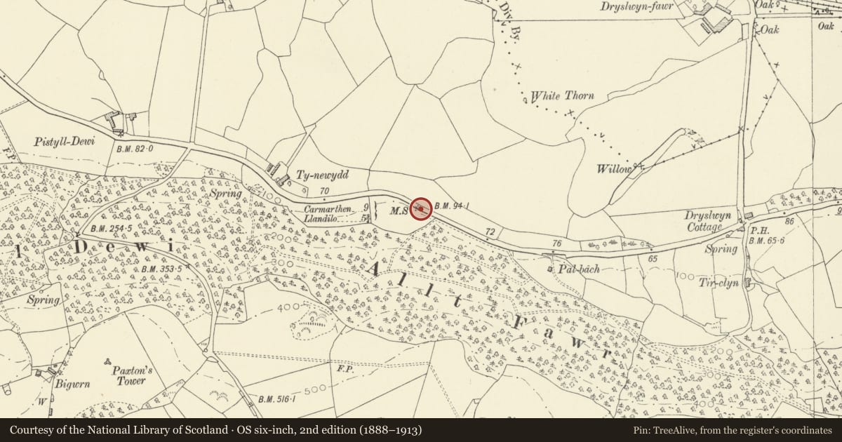 Ordnance Survey six-inch map, 2nd edition (1888–1913) covering the location of Milestone near Ty-newydd, Llanarthney, Carmarthenshire, with a pin at the register's coordinates