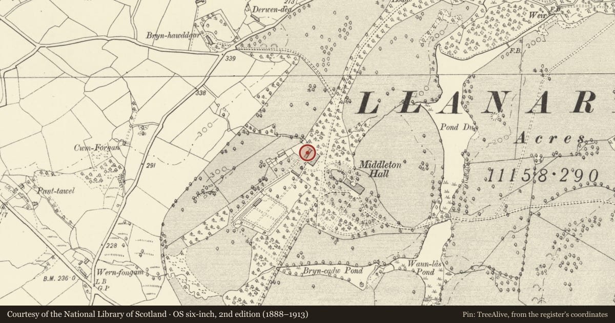 Ordnance Survey six-inch map, 2nd edition (1888–1913) covering the location of Rear stable block of Middleton Hall, Llanarthney, Carmarthenshire, with a pin at the register's coordinates