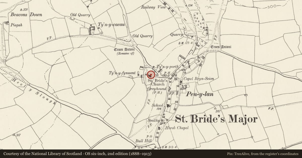 Ordnance Survey six-inch map, 2nd edition (1888–1913) covering the location of Churchyard Cross, Church of St Bridget, St. Bride's Major, Vale of Glamorgan, with a pin at the register's coordinates