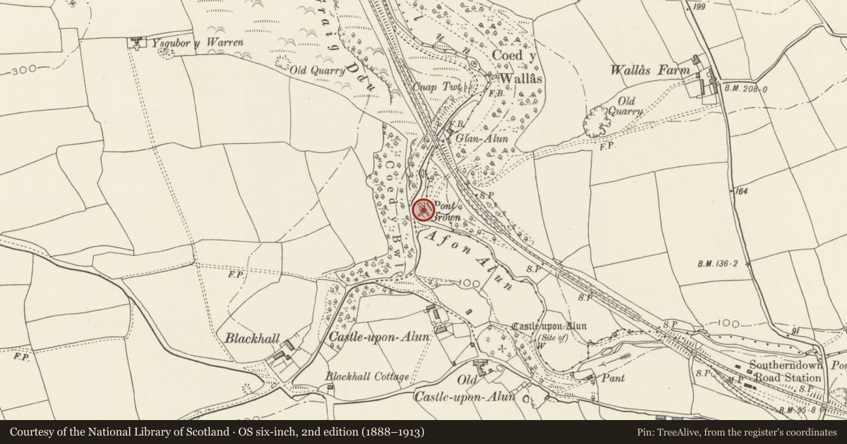 Ordnance Survey six-inch map, 2nd edition (1888–1913) covering the location of Clapper Bridge, St. Bride's Major, Vale of Glamorgan, with a pin at the register's coordinates