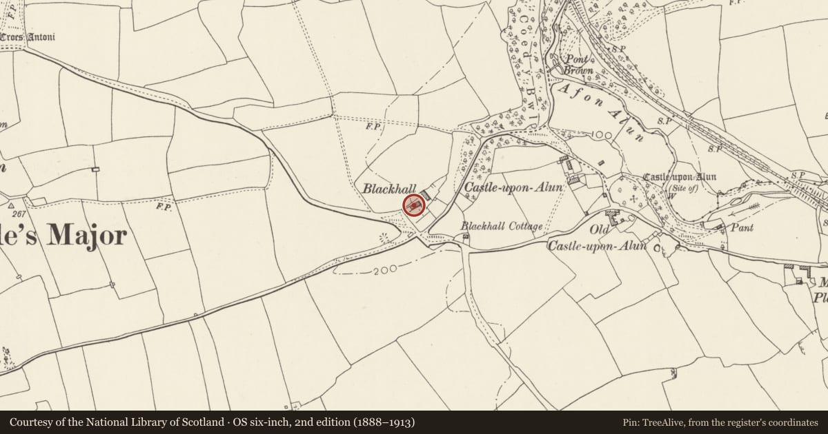 Ordnance Survey six-inch map, 2nd edition (1888–1913) covering the location of Blackhall Farm, St. Bride's Major, Vale of Glamorgan, with a pin at the register's coordinates