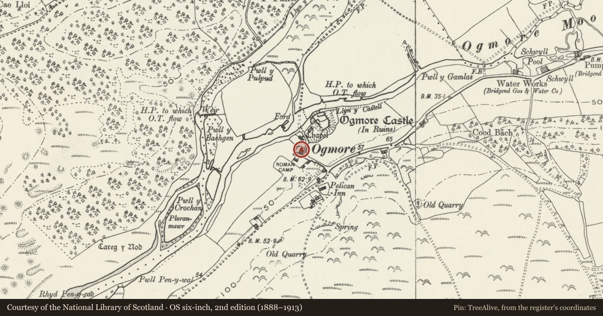 Ordnance Survey six-inch map, 2nd edition (1888–1913) covering the location of Ogmore Farm, St. Bride's Major, Vale of Glamorgan, with a pin at the register's coordinates