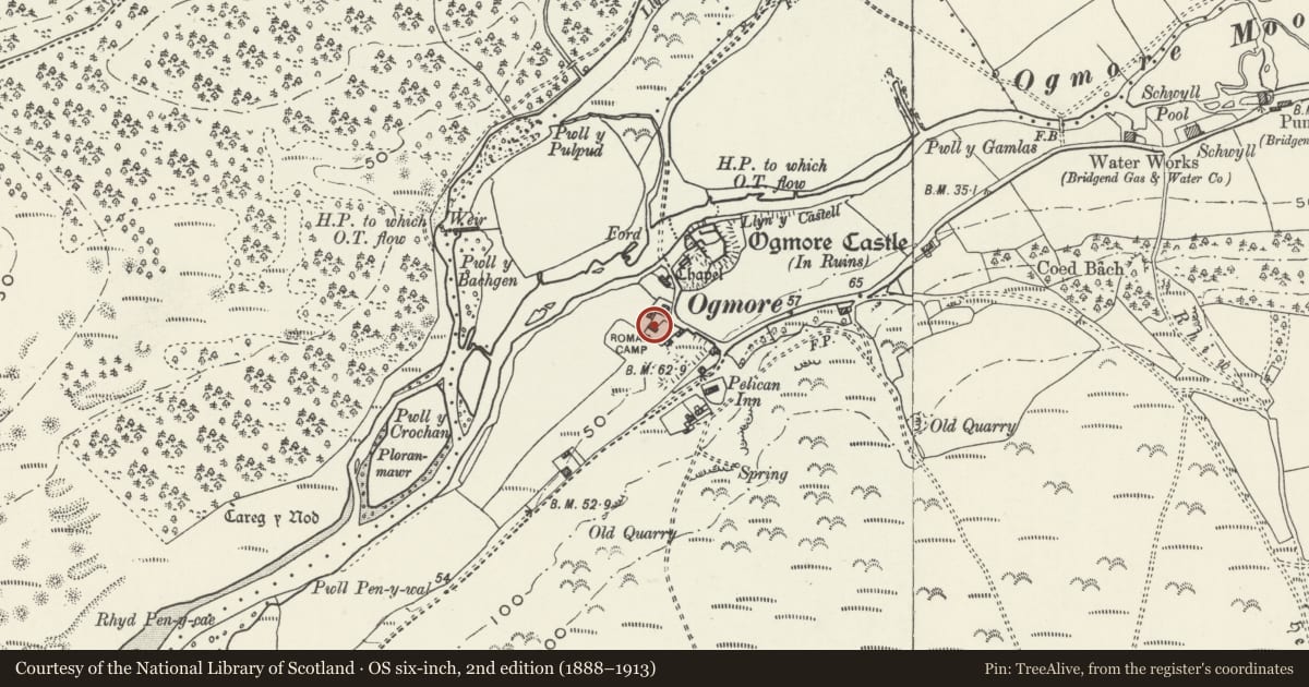 Ordnance Survey six-inch map, 2nd edition (1888–1913) covering the location of Stables at Ogmore Farm, St. Bride's Major, Vale of Glamorgan, with a pin at the register's coordinates