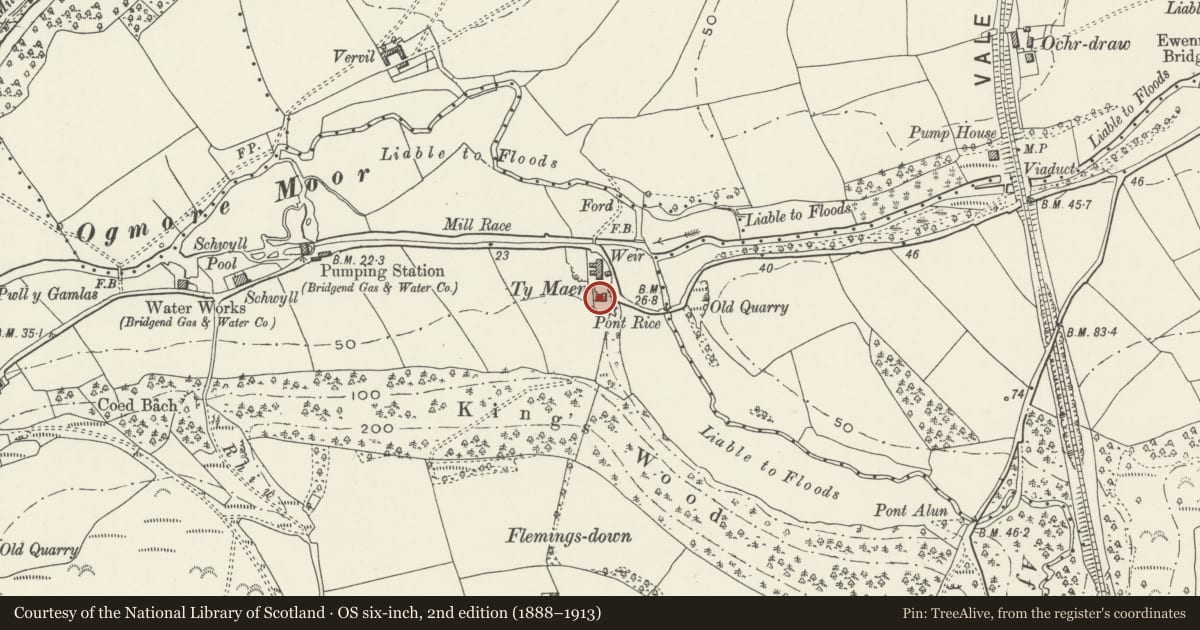 Ordnance Survey six-inch map, 2nd edition (1888–1913) covering the location of Ty Maen, St. Bride's Major, Vale of Glamorgan, with a pin at the register's coordinates