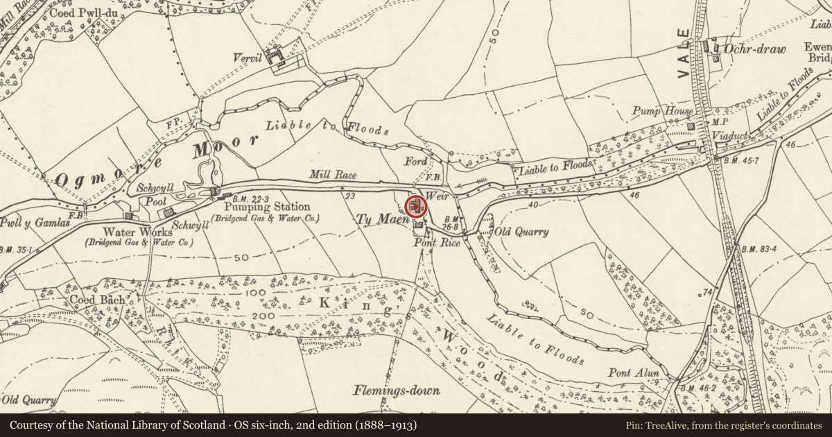 Ordnance Survey six-inch map, 2nd edition (1888–1913) covering the location of Barn at Ty Maen, St. Bride's Major, Vale of Glamorgan, with a pin at the register's coordinates