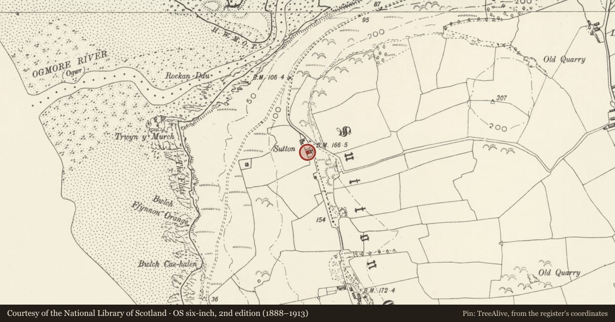 Ordnance Survey six-inch map, 2nd edition (1888–1913) covering the location of Sutton, St. Bride's Major, Vale of Glamorgan, with a pin at the register's coordinates