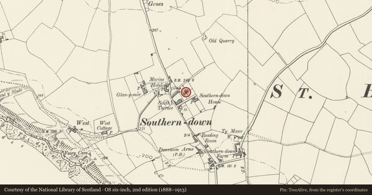 Ordnance Survey six-inch map, 2nd edition (1888–1913) covering the location of Clifton House and The Link, St. Bride's Major, Vale of Glamorgan, with a pin at the register's coordinates