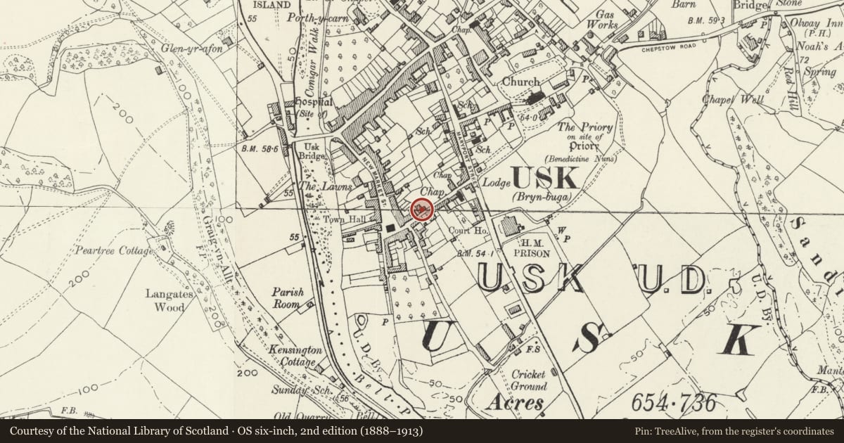 Ordnance Survey six-inch map, 2nd edition (1888–1913) covering the location of 10 Old Market Street, Usk, Monmouthshire, with a pin at the register's coordinates