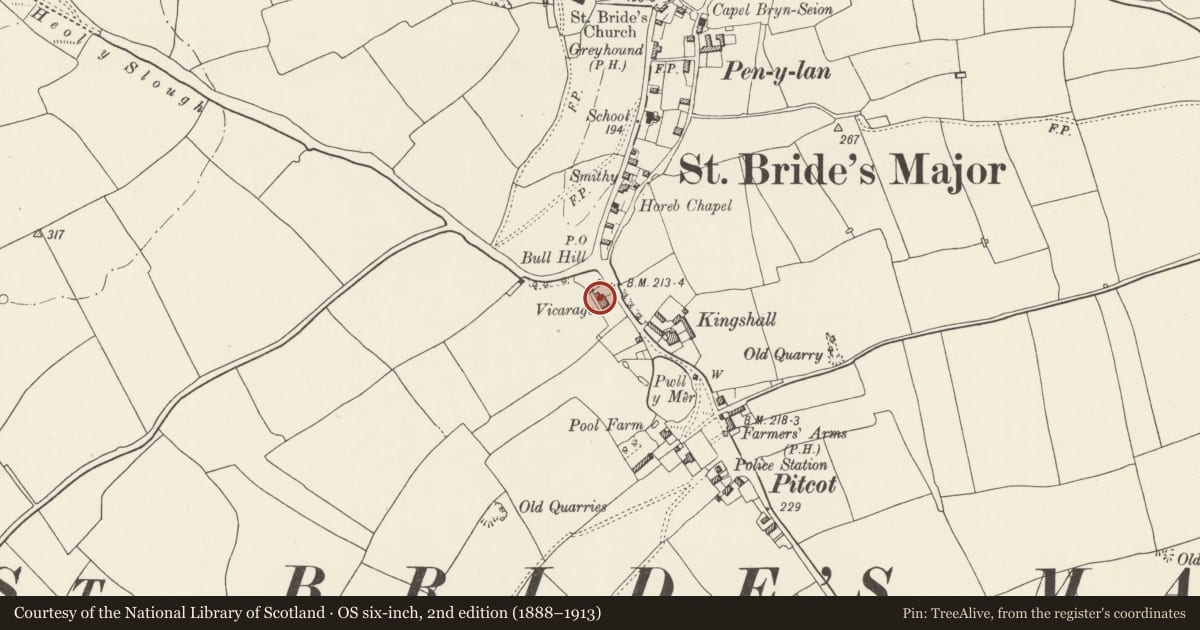Ordnance Survey six-inch map, 2nd edition (1888–1913) covering the location of The Old Vicarage, St. Bride's Major, Vale of Glamorgan, with a pin at the register's coordinates