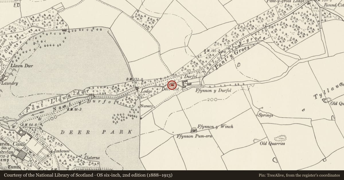 Ordnance Survey six-inch map, 2nd edition (1888–1913) covering the location of Dovecote at Durval Farm, St. Bride's Major, Vale of Glamorgan, with a pin at the register's coordinates