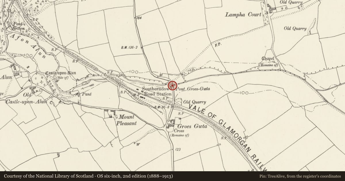 Ordnance Survey six-inch map, 2nd edition (1888–1913) covering the location of Pont Groes Gwta, St. Bride's Major, Vale of Glamorgan, with a pin at the register's coordinates