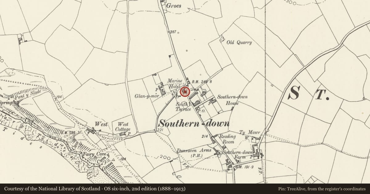 Ordnance Survey six-inch map, 2nd edition (1888–1913) covering the location of Sunshine House, St. Bride's Major, Vale of Glamorgan, with a pin at the register's coordinates