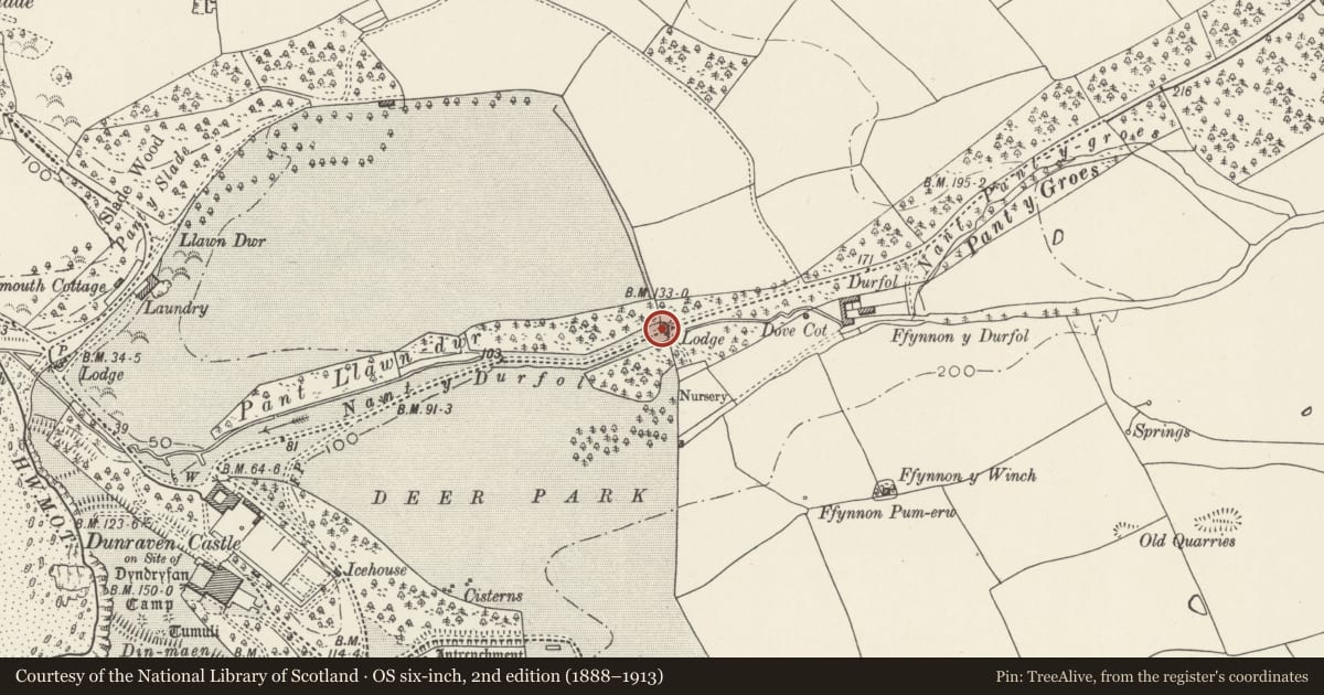 Ordnance Survey six-inch map, 2nd edition (1888–1913) covering the location of Grand Lodge, St. Bride's Major, Vale of Glamorgan, with a pin at the register's coordinates