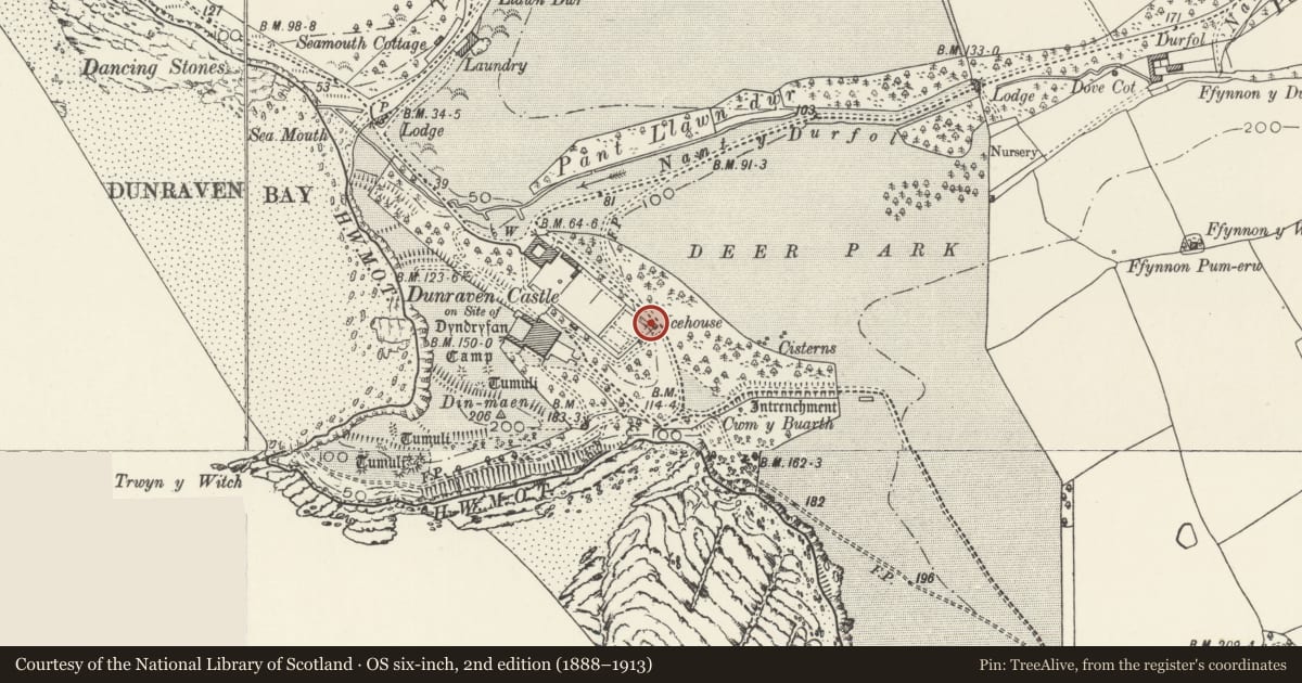 Ordnance Survey six-inch map, 2nd edition (1888–1913) covering the location of Former Ice Tower and Banqueting Hall, St. Bride's Major, Vale of Glamorgan, with a pin at the register's coordinates