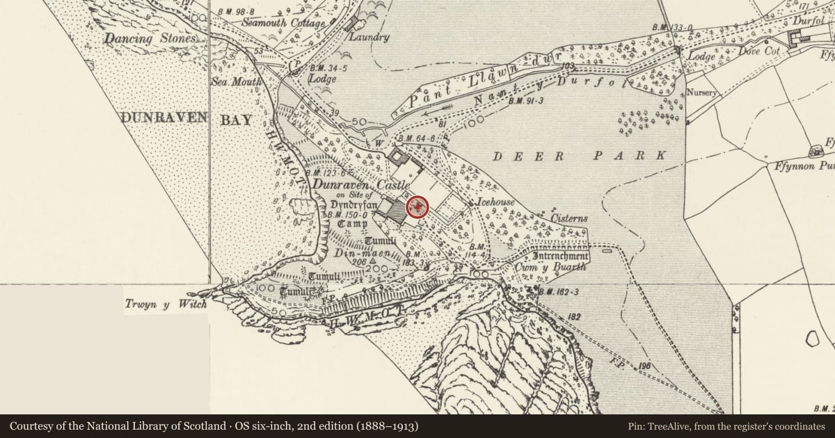 Ordnance Survey six-inch map, 2nd edition (1888–1913) covering the location of Garden Building, St. Bride's Major, Vale of Glamorgan, with a pin at the register's coordinates