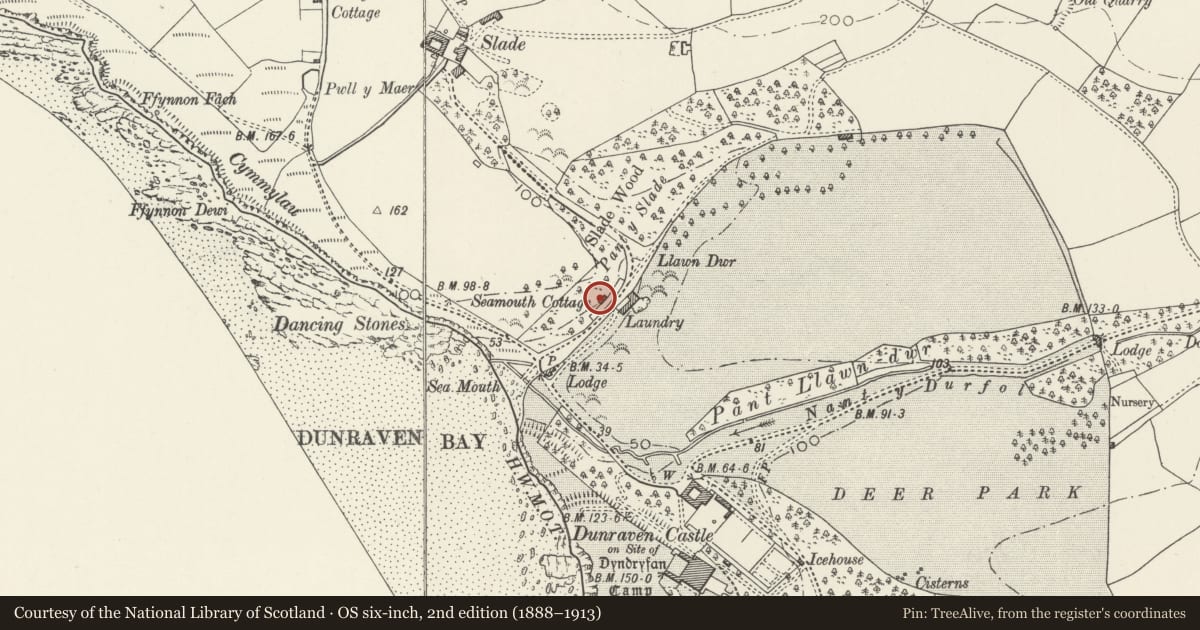 Ordnance Survey six-inch map, 2nd edition (1888–1913) covering the location of Seamouth Cottage, St. Bride's Major, Vale of Glamorgan, with a pin at the register's coordinates