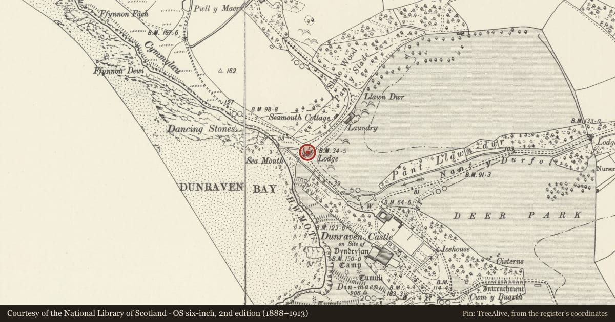 Ordnance Survey six-inch map, 2nd edition (1888–1913) covering the location of Seamouth Lodge, St. Bride's Major, Vale of Glamorgan, with a pin at the register's coordinates