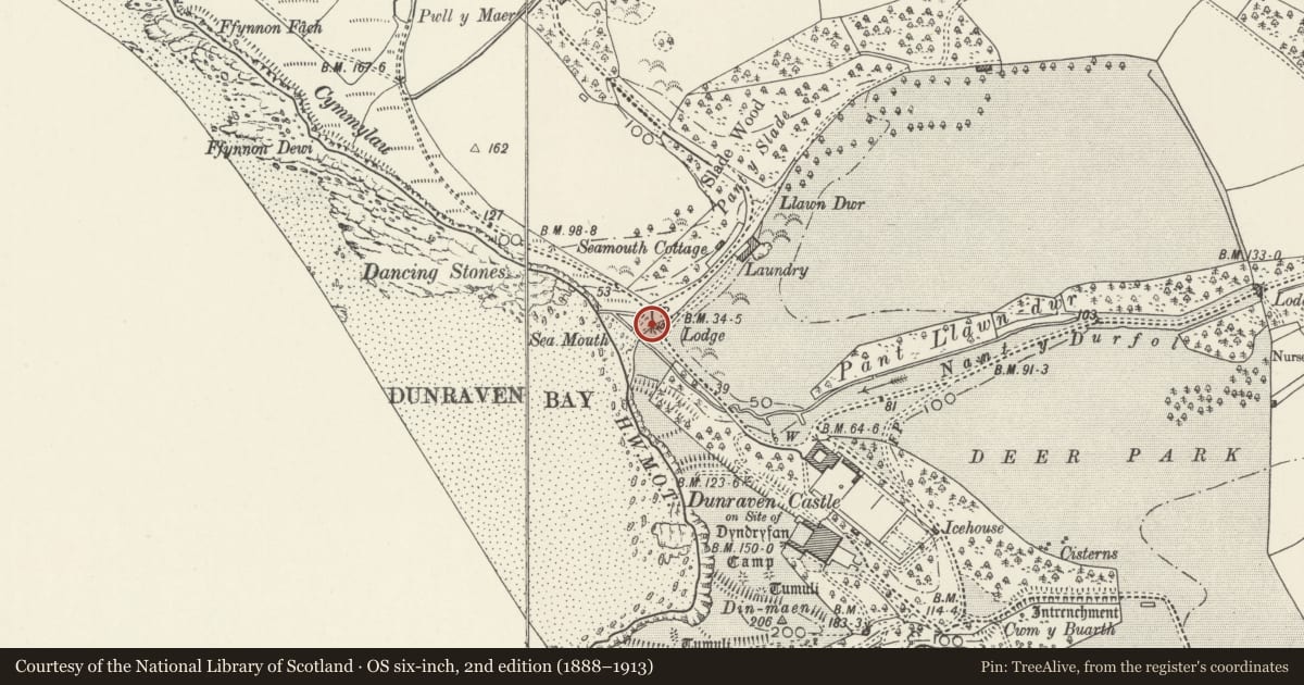 Ordnance Survey six-inch map, 2nd edition (1888–1913) covering the location of Boundary Wall and Entrance Gates to S of Seamouth Lodge, St. Bride's Major, Vale of Glamorgan, with a pin at the register's coordinates