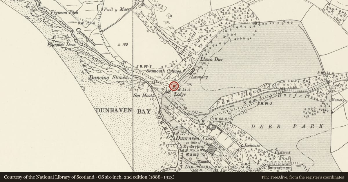 Ordnance Survey six-inch map, 2nd edition (1888–1913) covering the location of Boundary Wall N of Seamouth Lodge, St. Bride's Major, Vale of Glamorgan, with a pin at the register's coordinates