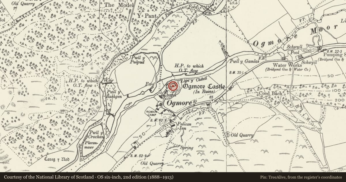 Ordnance Survey six-inch map, 2nd edition (1888–1913) covering the location of Ogmore Castle, St. Bride's Major, Vale of Glamorgan, with a pin at the register's coordinates