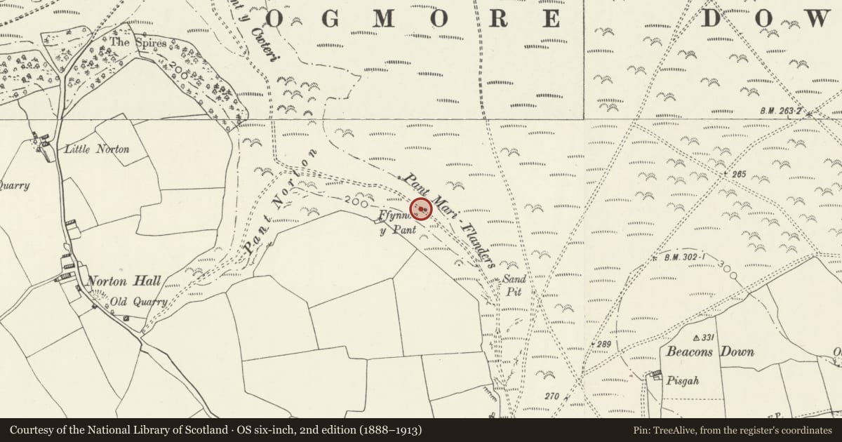 Ordnance Survey six-inch map, 2nd edition (1888–1913) covering the location of Fynnon y Pant, St. Bride's Major, Vale of Glamorgan, with a pin at the register's coordinates
