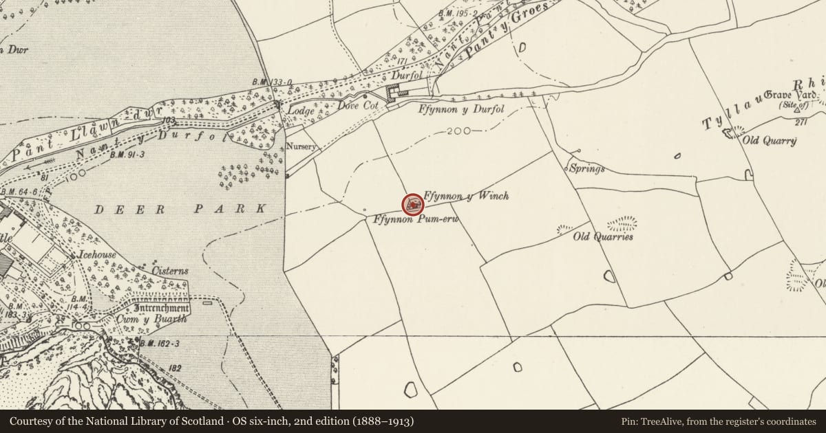 Ordnance Survey six-inch map, 2nd edition (1888–1913) covering the location of Fynnon y Winch (Pump House), St. Bride's Major, Vale of Glamorgan, with a pin at the register's coordinates