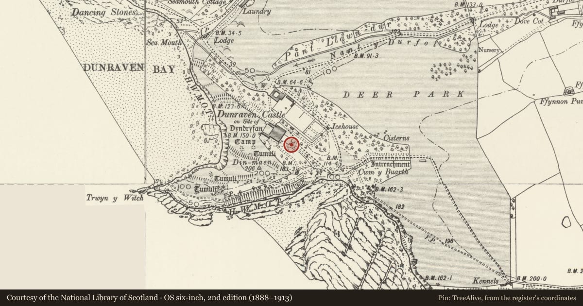 Ordnance Survey six-inch map, 2nd edition (1888–1913) covering the location of Entrance gateway with flanking wall at Dunraven House, St. Bride's Major, Vale of Glamorgan, with a pin at the register's coordinates
