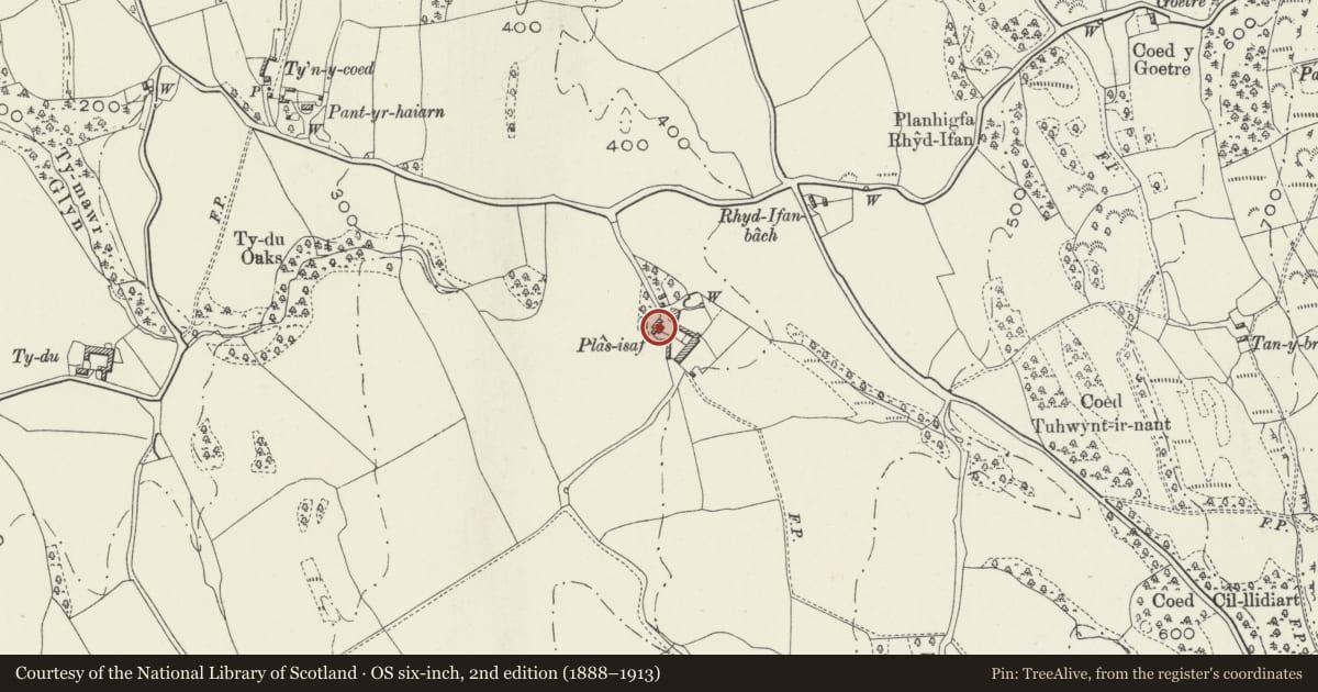 Ordnance Survey six-inch map, 2nd edition (1888–1913) covering the location of Earlier House SW of Plas Isa, Llansanffraid Glan Conwy, Conwy, with a pin at the register's coordinates